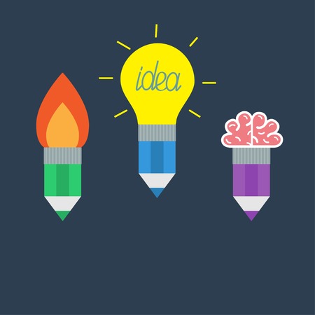 Pencil set with yellow light bulb lamp, rocket fire and brain Business Idea concept. Flat design. Vector illustrationのイラスト素材