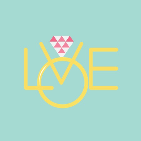 Wedding ring with polygonal pink diamond. Gold word love Flat design Vector illustrationのイラスト素材