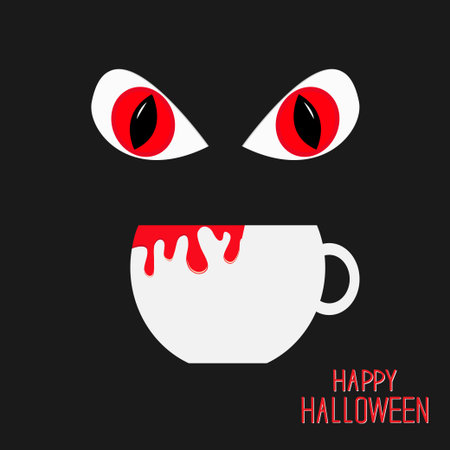 Evil Red eyesand cup with blood in dark night. Happy Halloween card. Flat design Vector illustrationのイラスト素材