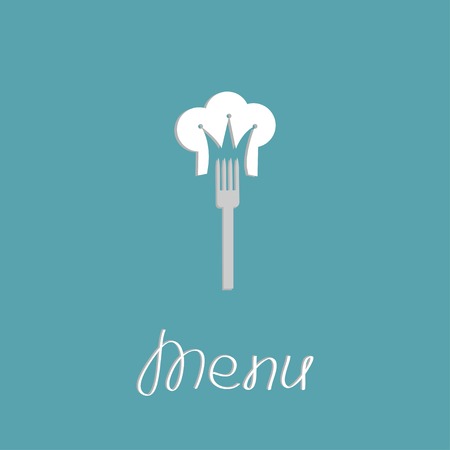 Fork and chef  hat in shape of crown. Menu cover Flat design Vectot illustrationのイラスト素材