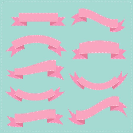 Pink vintage ribbon set different shape Blue background のイラスト素材