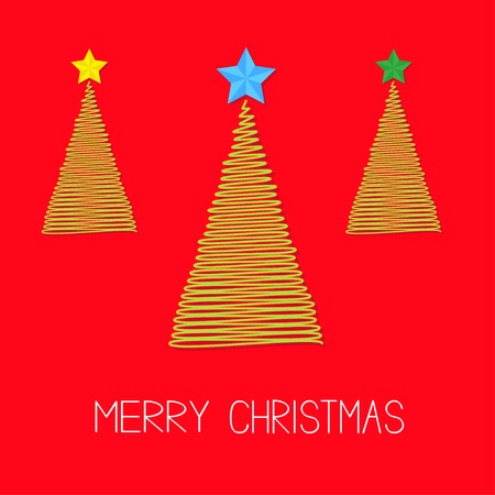 Three fir Christmas tree set with star. Scribble effect Merry Christmas card Flat design Vector illustrationのイラスト素材