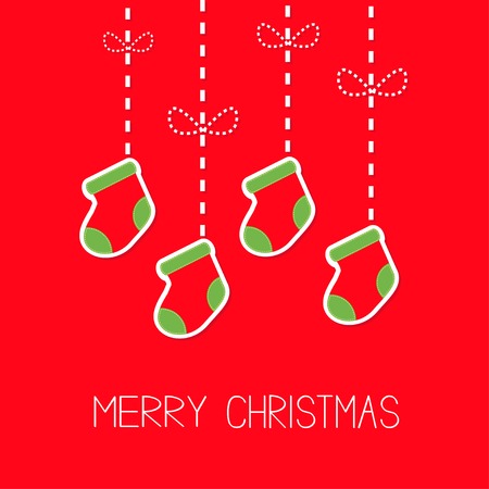 Hanging christmas socks dash line bow Merry Christmas card Flat design Vector illustrationのイラスト素材