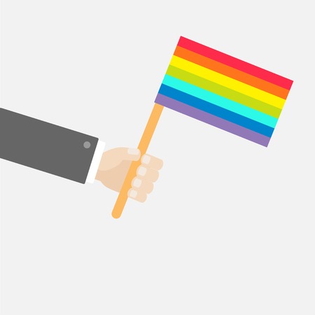 Businessman hand holding rainbow gay pride flag. Flat design style Vector illustrationのイラスト素材