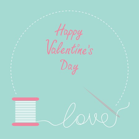 Needle and spool of thread round frame Flat desigh Love Happy Valentines day card Vector illustrationのイラスト素材