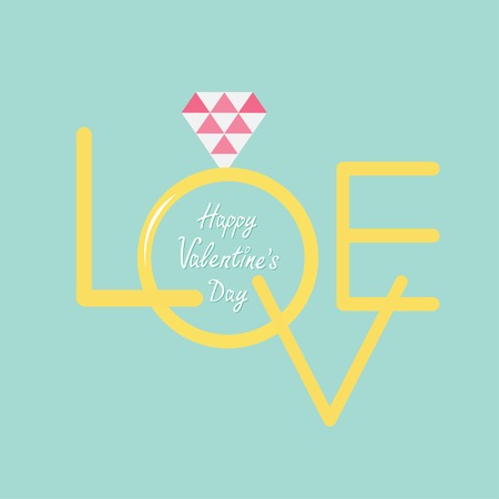 Wedding gold ring with polygonal pink diamond. Word love Flat design Happy Valentines day Vector illustrationのイラスト素材
