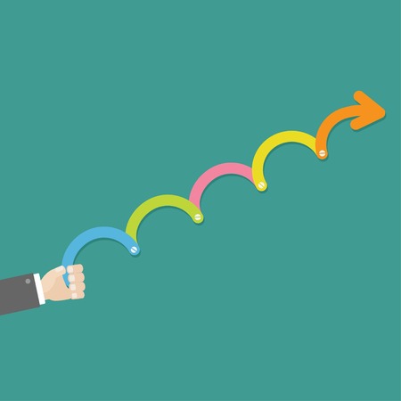 Hand with colorful Timeline up upwards arrow screw Infographic Template. Flat design. Vector illustrationのイラスト素材