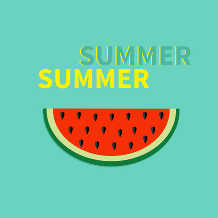 Watermelon slice with seeds Flat design icon Summer blue background card  Vector illustrationのイラスト素材