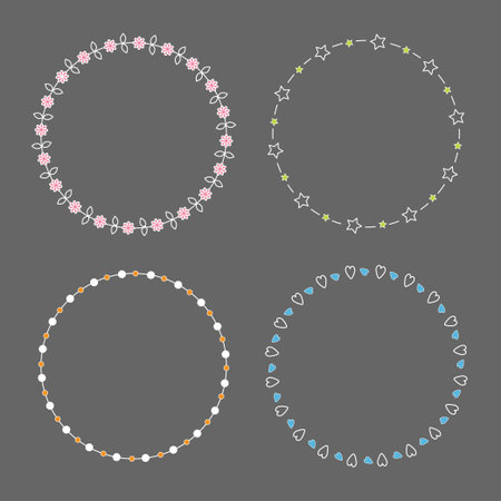 Round frame wreath set Daisy flower, star, leaf, dot element Flat design Vector illustrationのイラスト素材