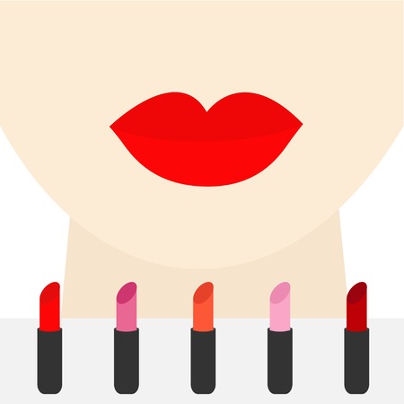 Woman face with big thick red lips and neck Lipstick rouge set Template Flat designVector illustrationのイラスト素材