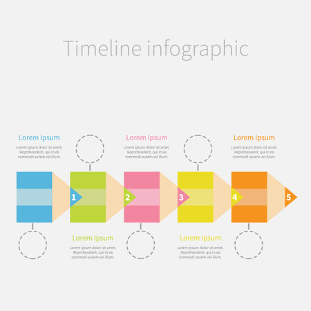 Timeline Infographic with colorful pencil ribbon dash line circles and text. Five step Template. Flat design. Vector illustrationのイラスト素材