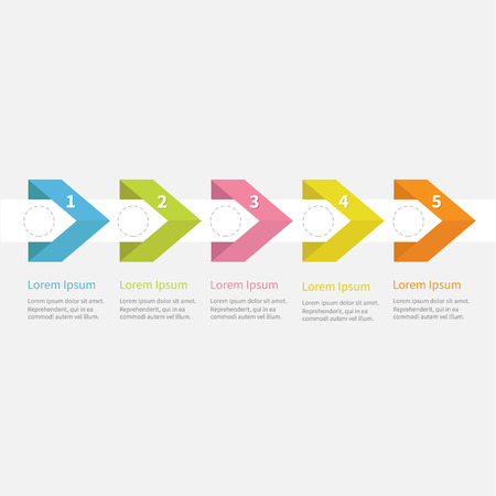 Infographic five step  with ribbon arrow dashed circle and text. Template. Timeline Flat design. Vector illustrationのイラスト素材