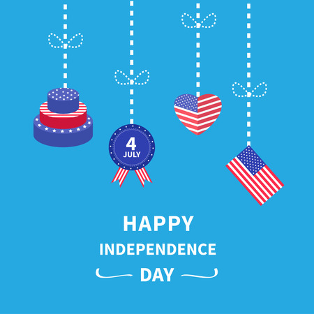 Hanging heart, flag, cake,  Star and strip Happy independence day United states of America. 4th of July. Flat design Vector illustrationのイラスト素材
