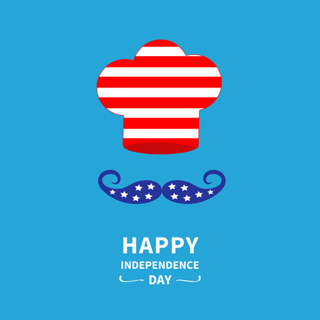 Chef hat and big mustache. Menu card. Star and strip Happy independence day United states of America. 4th of July. Flat design Vector illustrationのイラスト素材
