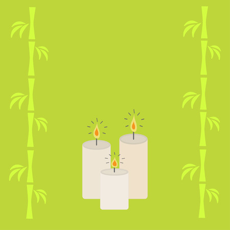 Three burning candles and bamboo. Green background Isolated Flat design Vector illustrationのイラスト素材