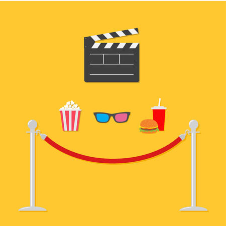 Open movie clapper board 3D glasses popcorn soda hamburger template icon. Red rope barrier stanchions turnstile  Flat design style. Vector illustrationの写真素材