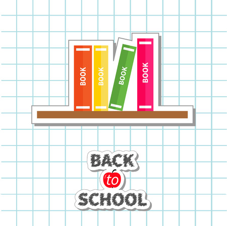 Back to school card. Pencil, light bulb idea, stack of books, apple. Paper sheet background Exercise book Flat design style.のイラスト素材