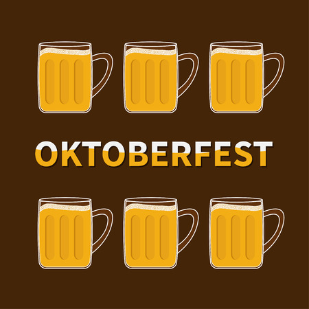 Oktoberfest Six beer glass mug with foam cap froth bubble. Flat design Vector illustrationのイラスト素材