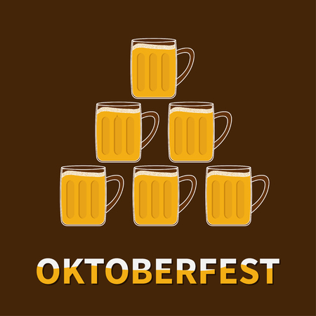 Oktoberfest Six beer glass mug pyramid. Flat design brown backgound Vector illustrationのイラスト素材