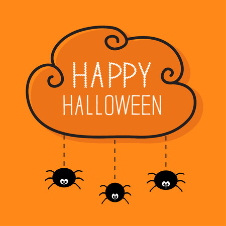 Three hanging spiders. Happy Halloween card. Cloud frame Dash line Orange background Vector illustration.のイラスト素材