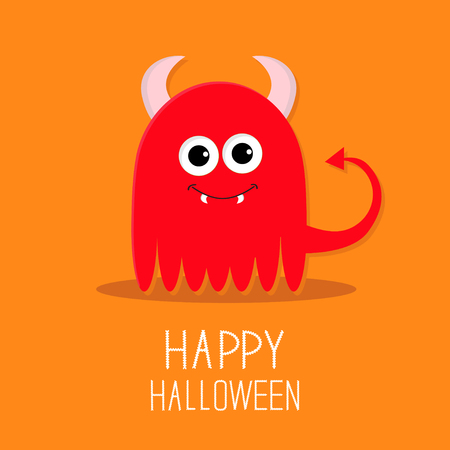 Cute red evil monster with horns and fangs. Happy Halloween card. Flat design Orange background Vector illustrationのイラスト素材
