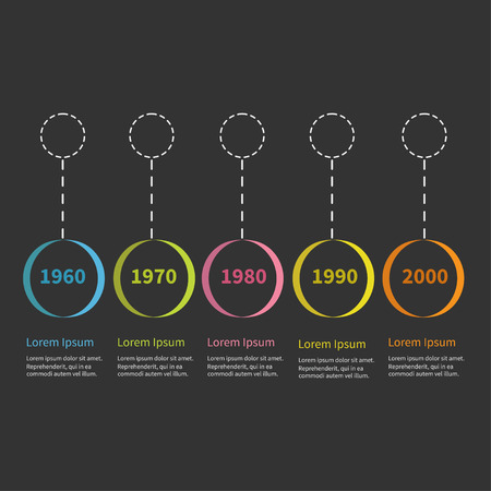Timeline Infographic colorful hanging circles and text. Black background Template. Flat design Vector illustrationのイラスト素材