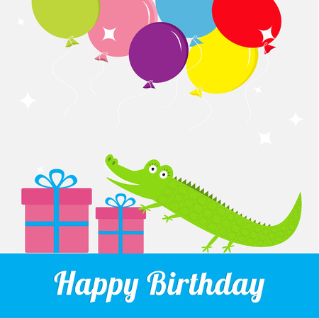 Happy Birthday card with cute alligator, giftbox, balloons. Baby background. Flat design Vector illustrationのイラスト素材