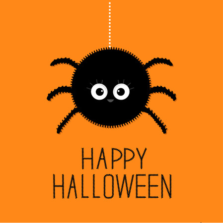 Big hanging fluffy spider. Happy Halloween card. Flat design Vector illustration.のイラスト素材