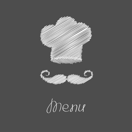 Chef hat and big mustache. Menu card. Flat design style. Dark background Scribble effect Vector illustration.のイラスト素材
