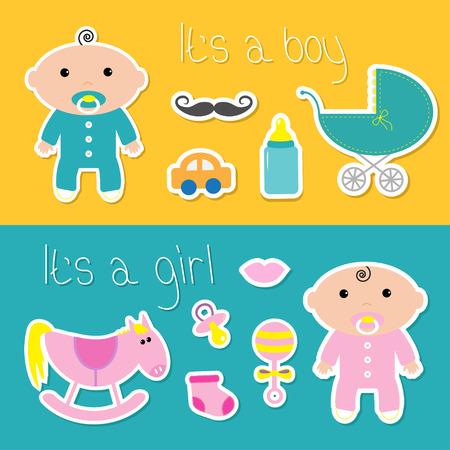 Its a boy girl banner set Baby shower card with bottle, horse, rattle, pacifier, sock, car, mustaches, lips, carriage. Cute background. Flat design Vector illustrationのイラスト素材