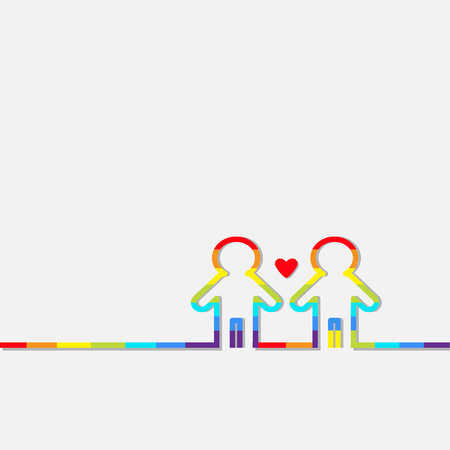 Gay marriage Pride symbol Two contour rainbow man LGBT icon Red heart Flat design Vector illustrationのイラスト素材