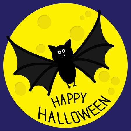 Cute bat and big moon. Happy Halloween card. Flat design. Vector illustrationのイラスト素材