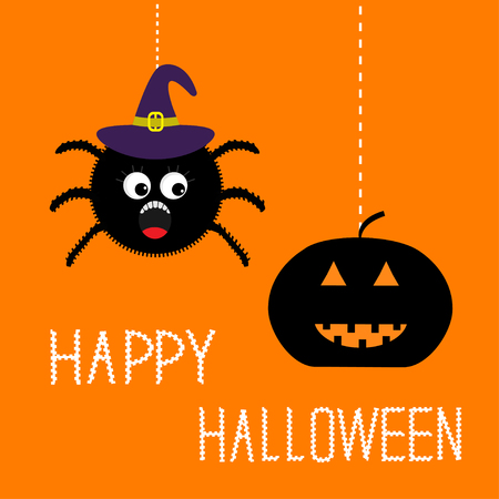 Hanging spider in witch hat and pumpkin Happy Halloween card. Flat design Vector illustration.のイラスト素材