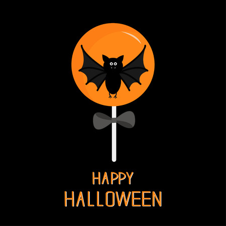 Sweet candy lollipop with bat. Black bow. Happy Halloween card. Flat design. Vector illustrationのイラスト素材