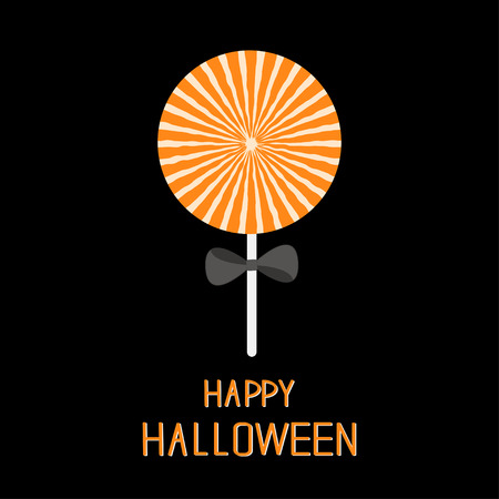 Sweet candy lollipop with starburst pattern. Black bow. Happy Halloween card. Flat design Vector illustrationのイラスト素材
