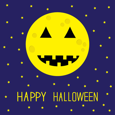 Starry sky, big moon with pumpkin eyes and mouth. Halloween card. Flat design Vector illustrationのイラスト素材
