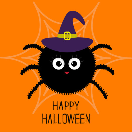 Cute cartoon fluffy spider on the web. Witch hat. Halloween card. Flat design. Vector illustrationのイラスト素材