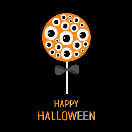 Sweet candy lollipop with eyeball set. Black bow. Happy Halloween card. Flat design. Vector illustrationのイラスト素材
