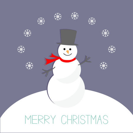 Cartoon Snowman on snowdrift and snowflakes. Violet background. Merry Christmas card Flat design. Vector illustrationのイラスト素材