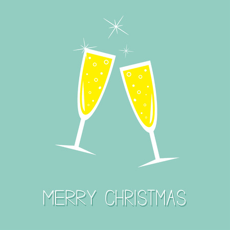 Champagne glasses with sparkles. Greeting Card. Flat design. Merry Christmas. Blue background. Vector illustrationのイラスト素材