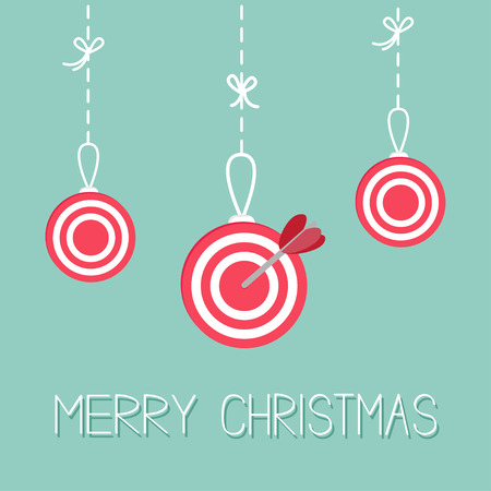 Red hanging christmas balls Target Dash line with bows. Flat design. Merry Christmas greeting card. Black background. Vector illustrationのイラスト素材