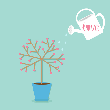 Love tree in the pot. Heart flower. Watering can. Word love Blue background. Flat design Vector illustrationのイラスト素材