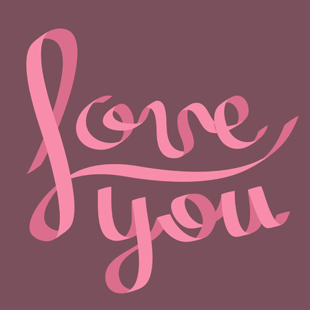Pink satin ribbon in shape of word Love you. Calligraphic. Flat design. Violet background. Vector illustrationのイラスト素材