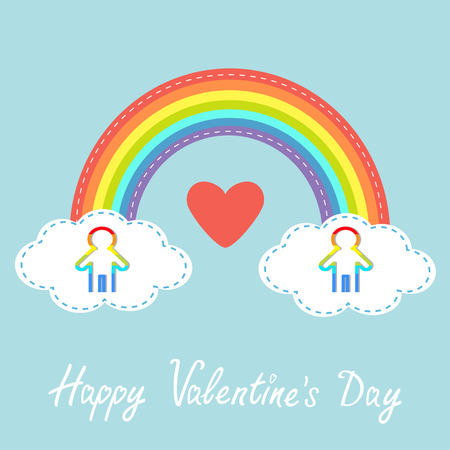 Happy Valentines Day. Red heart. Love card. Rainbow in the sky. Dash line cloud. Gay marriage Pride symbol Two man silhouette LGBT icon. Flat design style. Vector illustrationのイラスト素材