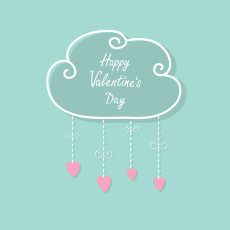 Happy Valentines Day. Love card. Cloud with hanging rain button drops, bow. Heart shape. Dash line Flat design Pink, blue color background. Vector illustrationのイラスト素材