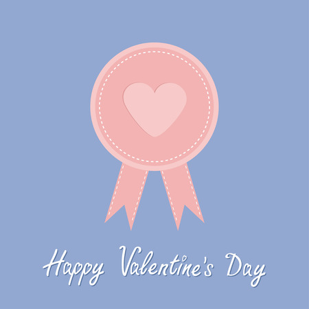 Badge with heart and ribbons. Award icon in flat design style. Happy Valentines Day. Dash line. Rose quartz serenity color. Vector illustrationのイラスト素材