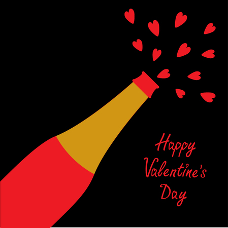 Happy Valentines Day. Love card. Champagne bottle red heart explosion Flat design. Black background. Vector illustrationのイラスト素材