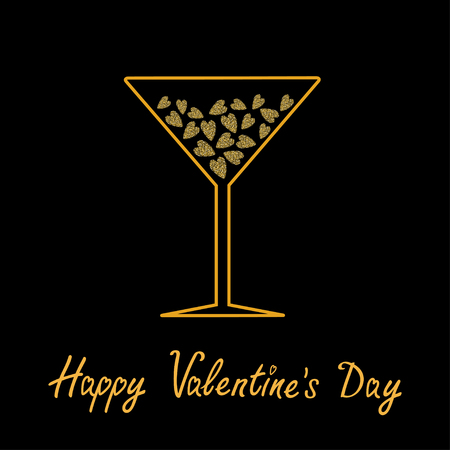 Happy Valentines Day. Love card. Martini glass with hearts inside. Gold sparkles glitter texture Black background. Vector illustrationのイラスト素材