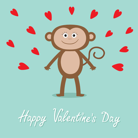 Happy Valentines Day. Love card. Cute monkey, red hearts.  Baby illustration. Blue background. Flat design. Vector illustrationのイラスト素材
