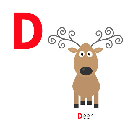 Letter D Deer Zoo alphabet. English abc with animals Education cards for kids Isolated White background Flat design Vector illustrationのイラスト素材